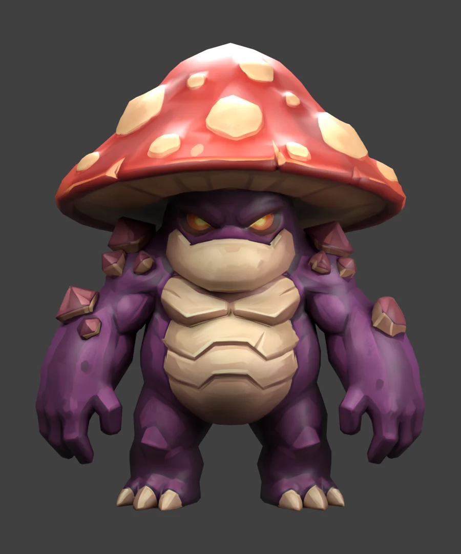Purple mushroom creature with a red spotted cap
